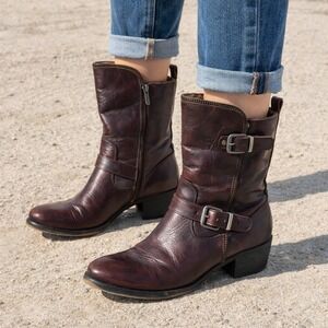 Pikolinos Leather Moto Boots Women 8.5 Brown Buckle Mid Calf Zip Spain